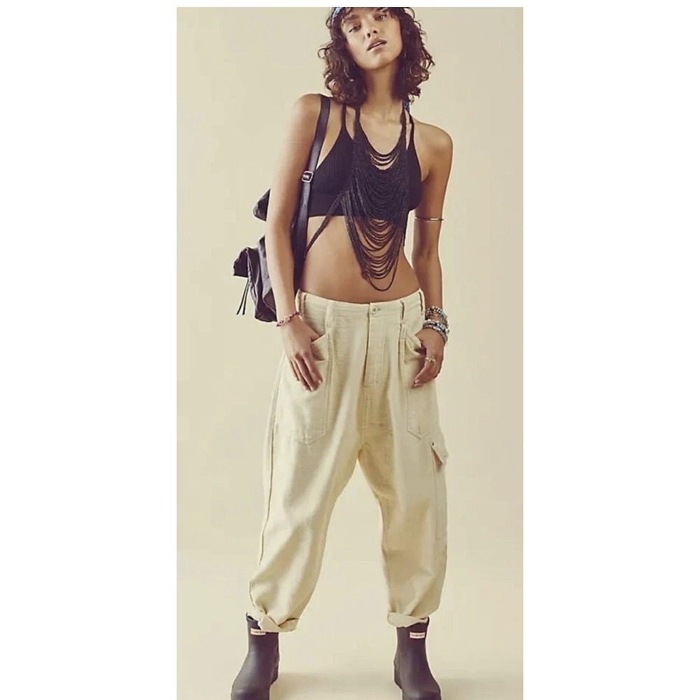 Free People Bay To Breakers Pants S Barrel Cotton Cargo Low-Rise Ivory White